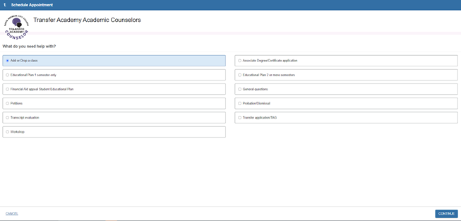 Screen where you choose the most appropriate reason for your appointment before clicking 'Continue'
